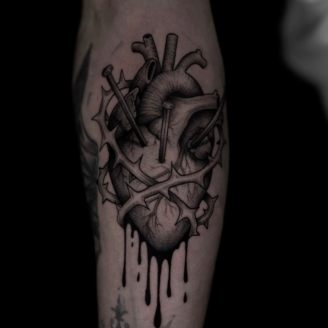 Anatomical heart tattoo with nails and brambles in blackwork