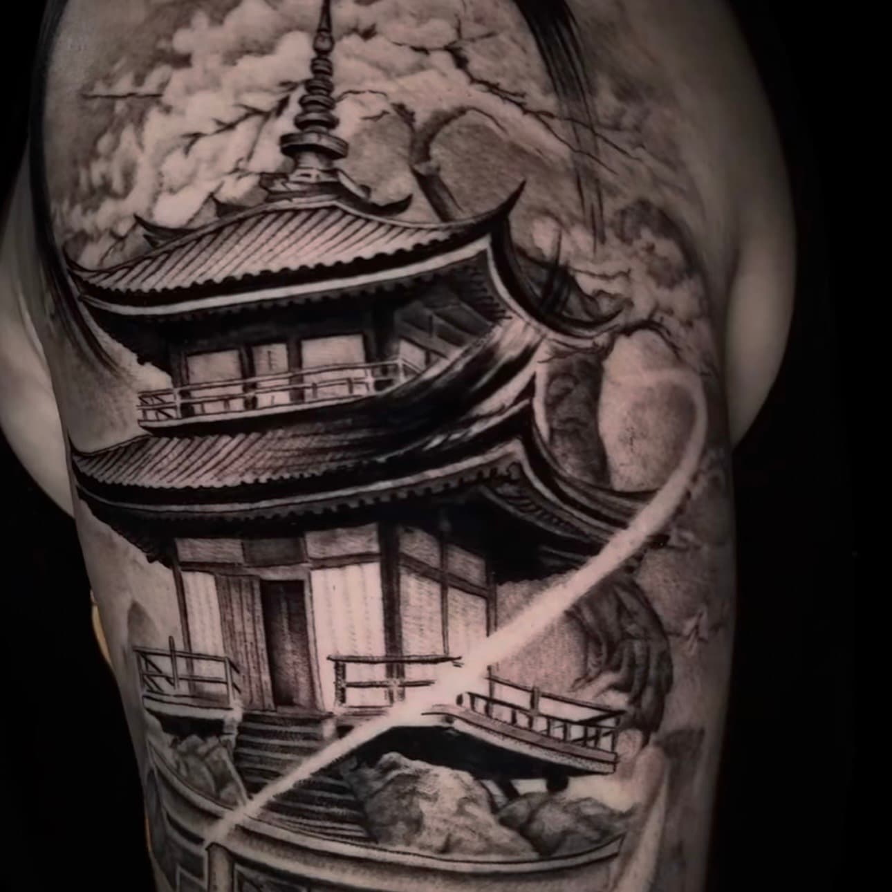 Realism Japanese pagoda tattoo, by Sara